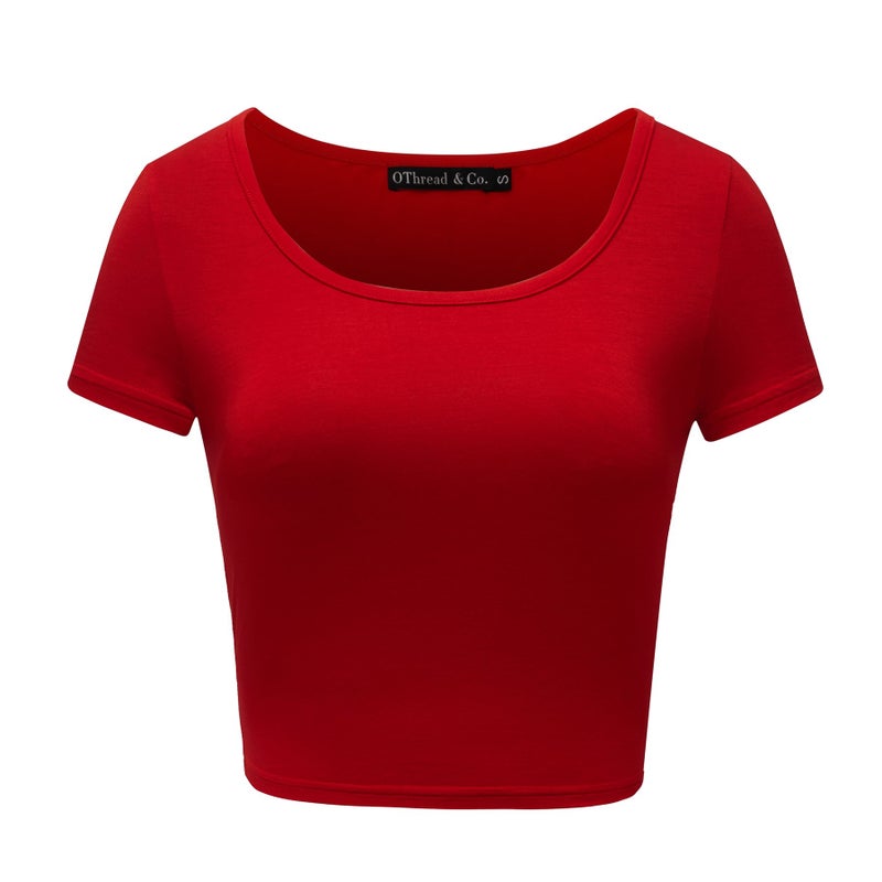 OThread & Co. Women's Basic Crop Tops Stretchy Casual Scoop Neck Cap Sleeve Shirt (Medium, Red) - Image 1